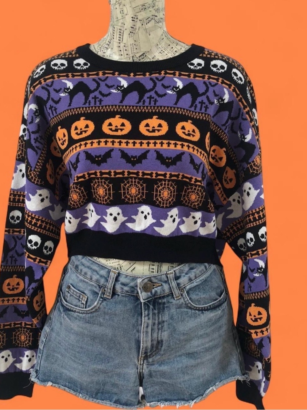Dolls Kill Halloween Crewneck Sweater - Purple/Orange/Black/White